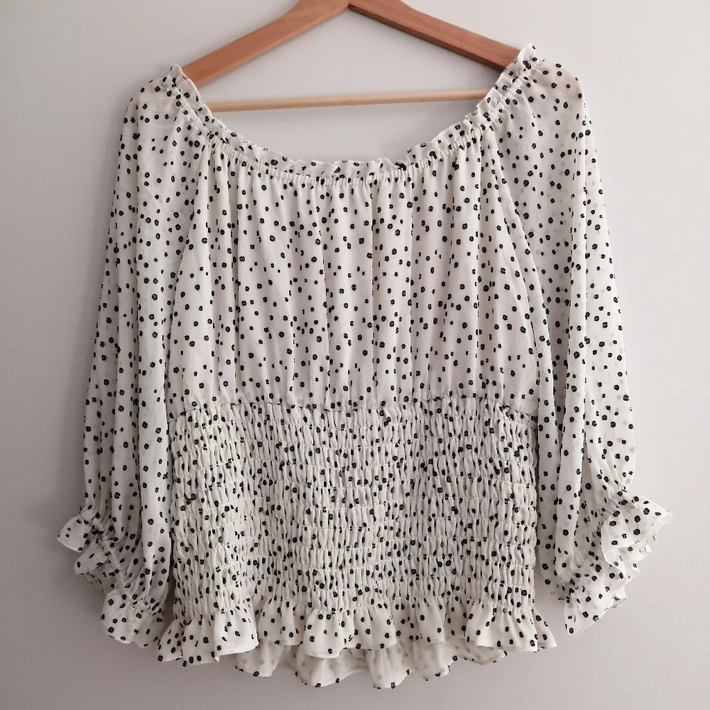 By Anthropologie Lucia Off the Shoulder Smocked Blouse White Polka Dot Large - Picture 4 of 16